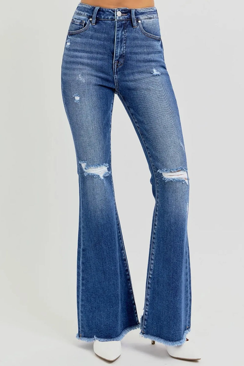 RISEN Full Size High Rise Distressed Raw Hem Flare Jeans - Brittney MADE