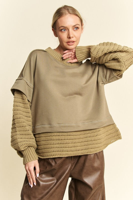 Davi & Dani Faux Layered Round Neck Sweater - Brittney MADE