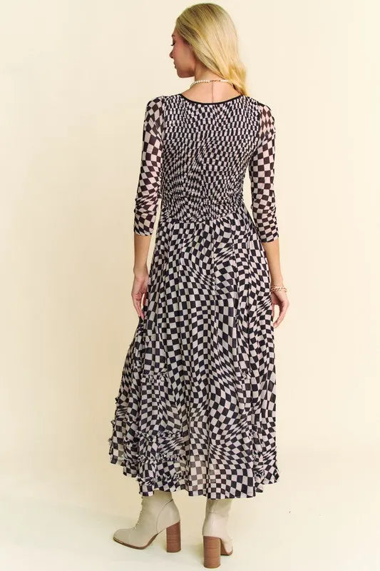 Davi & Dani Printed Checker Mesh Flowy Maxi Dress - Brittney MADE