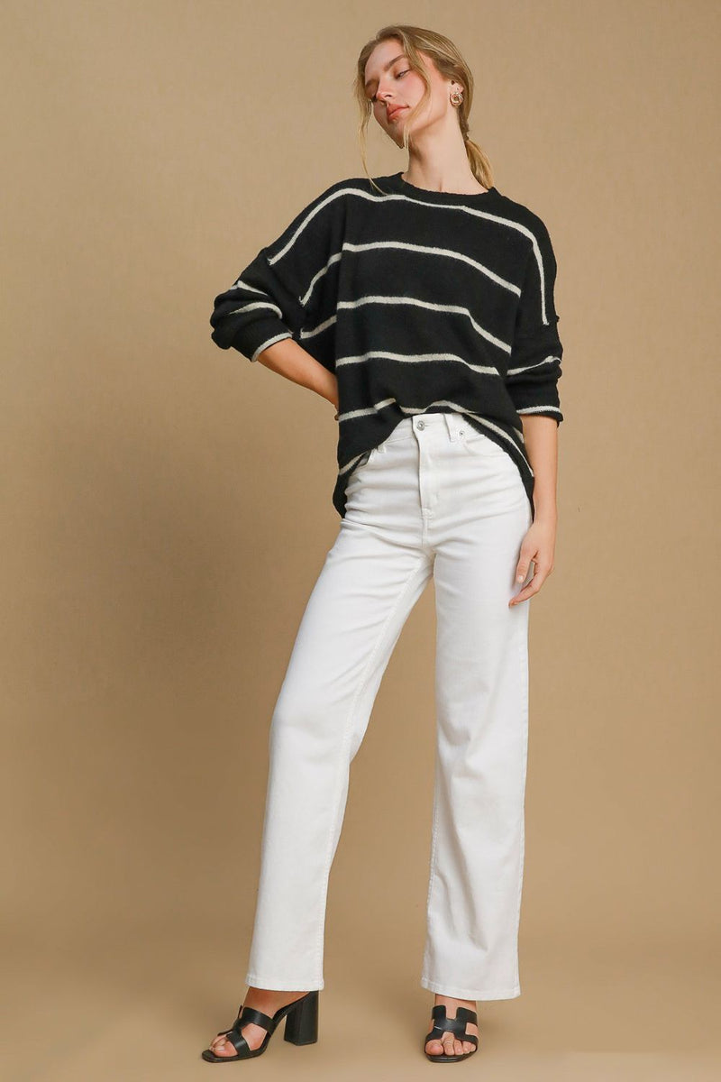 Umgee Wool Blend Striped Round Neck Sweater - Brittney MADE