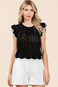 Mittoshop Openwork Contrast Trim Ruffled Cap Sleeve Knit Top - Brittney MADE