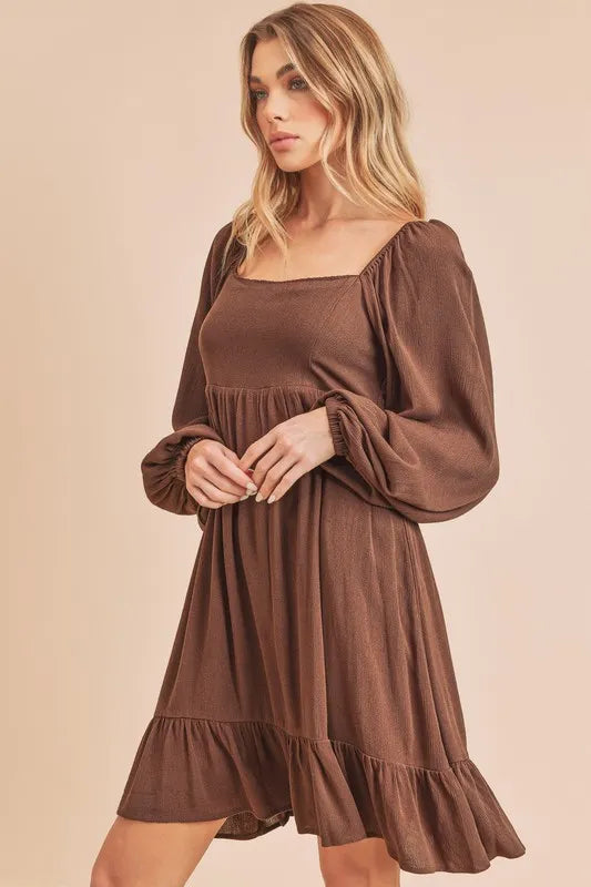 Aemi + Co Ruffled Hem Square Neck Balloon Sleeve Mini Dress - Brittney MADE