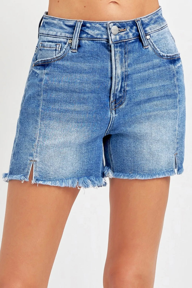 RISEN Front Slit Raw Hem Denim Shorts - Brittney MADE