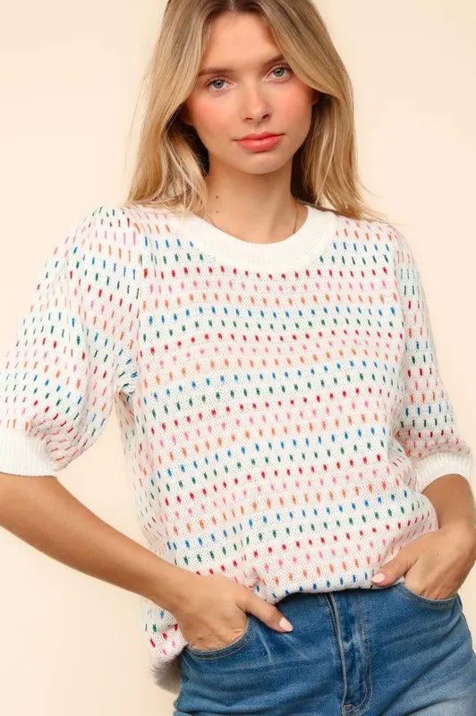 Haptics Round Neck Half Sleeve Multi Color Knit Top - Brittney MADE