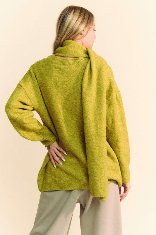 Davi & Dani V-Neck Dropped Shoulder Sweater with Scarf - Brittney MADE