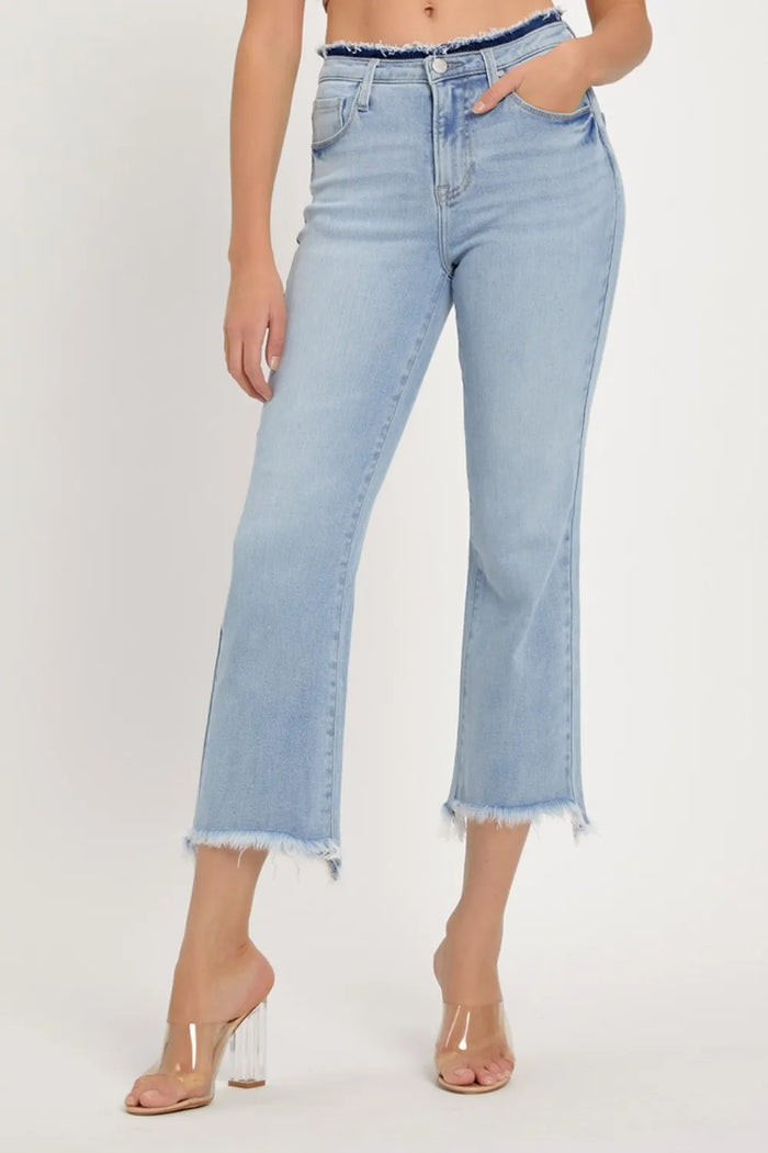 RISEN Full Size High Rise Raw Edge Crop Jeans - Brittney MADE