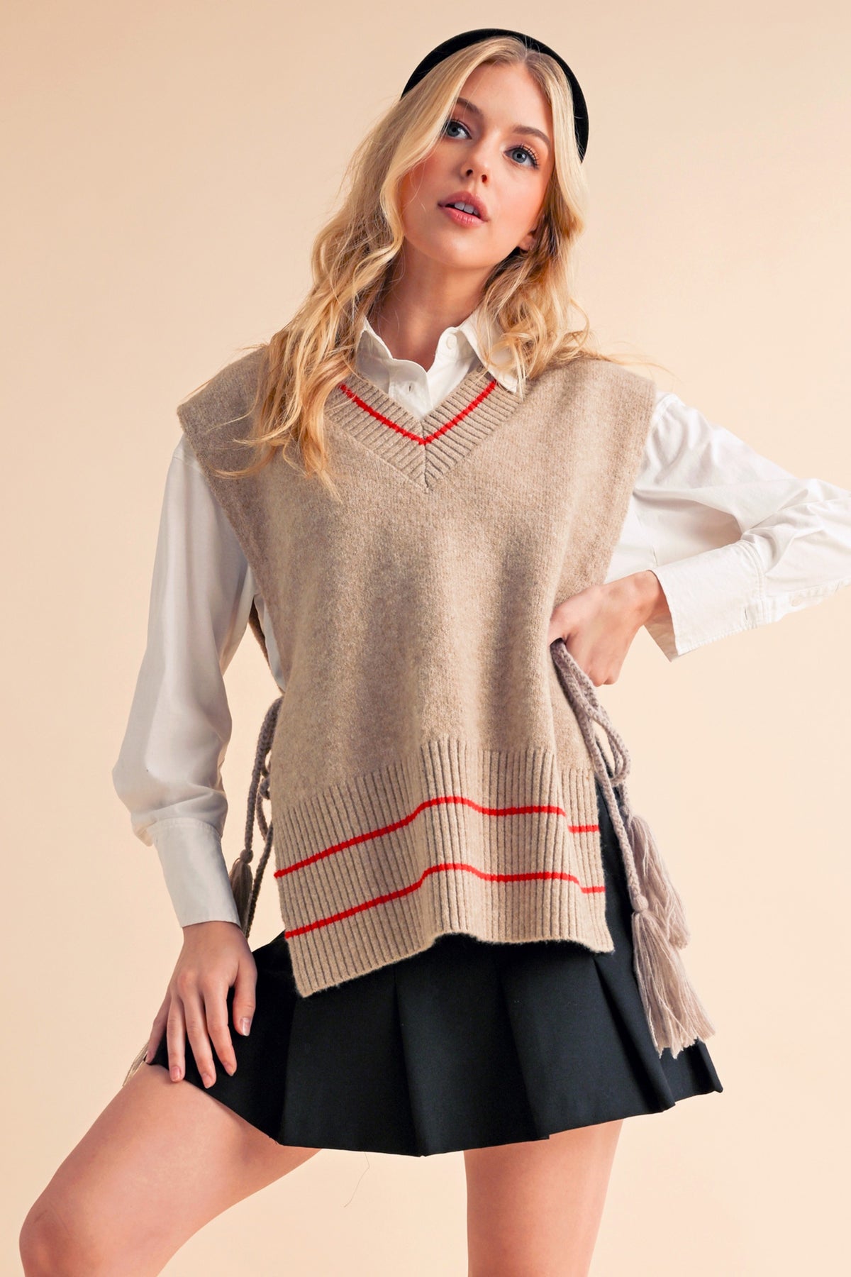 Aemi + Co Ribbed V-Neck Sweater Vest with Tassel - Brittney MADE