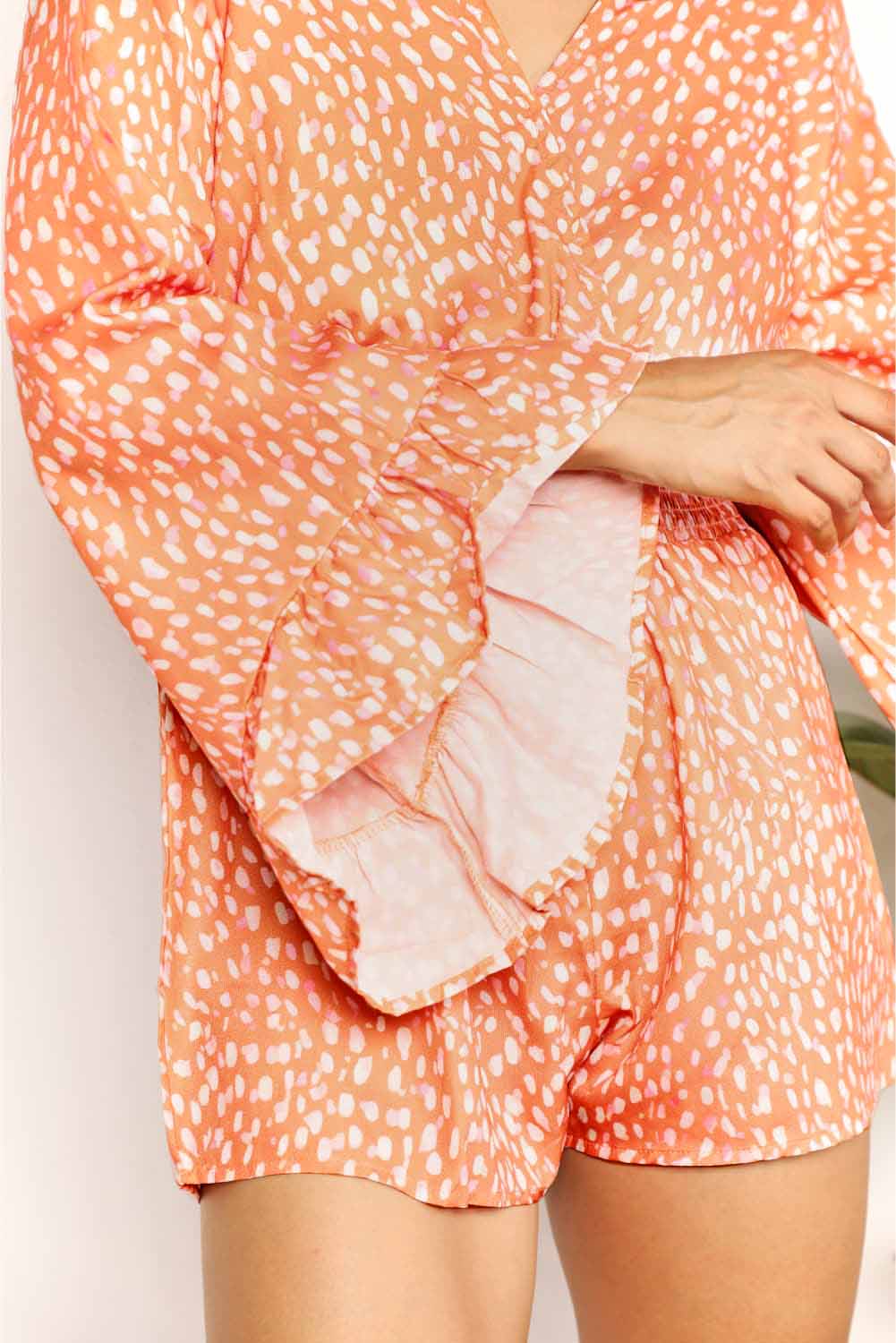 Double Take Printed Flare Sleeve Surplice Romper - Brittney MADE
