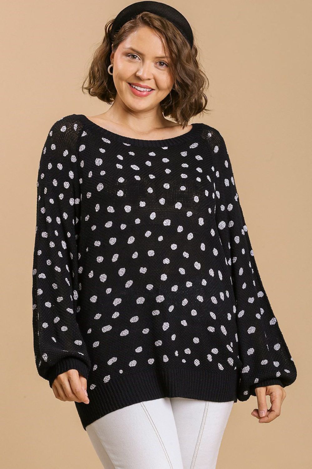 Umgee Full Size Dalmatian Hand Stamped Round Neck Sweater Plus Size - Brittney MADE