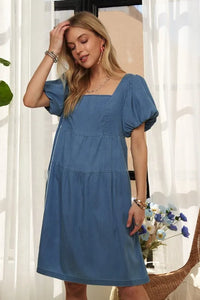 ADORA Square Neck Puff Sleeve Denim Dress - Brittney MADE
