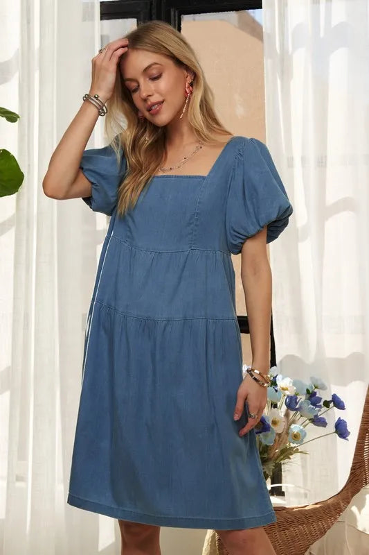 ADORA Square Neck Puff Sleeve Denim Dress - Brittney MADE