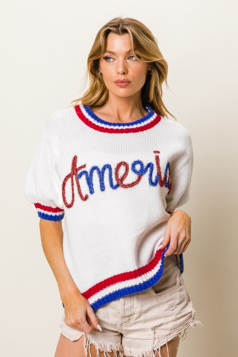 BiBi Metallic America Letter Short Sleeve Sweater - Brittney MADE