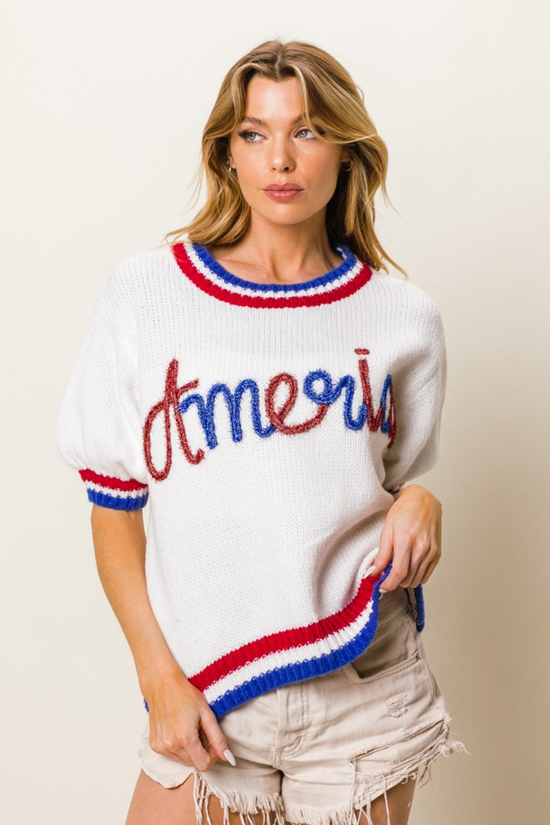 BiBi Metallic America Letter Short Sleeve Sweater - Brittney MADE