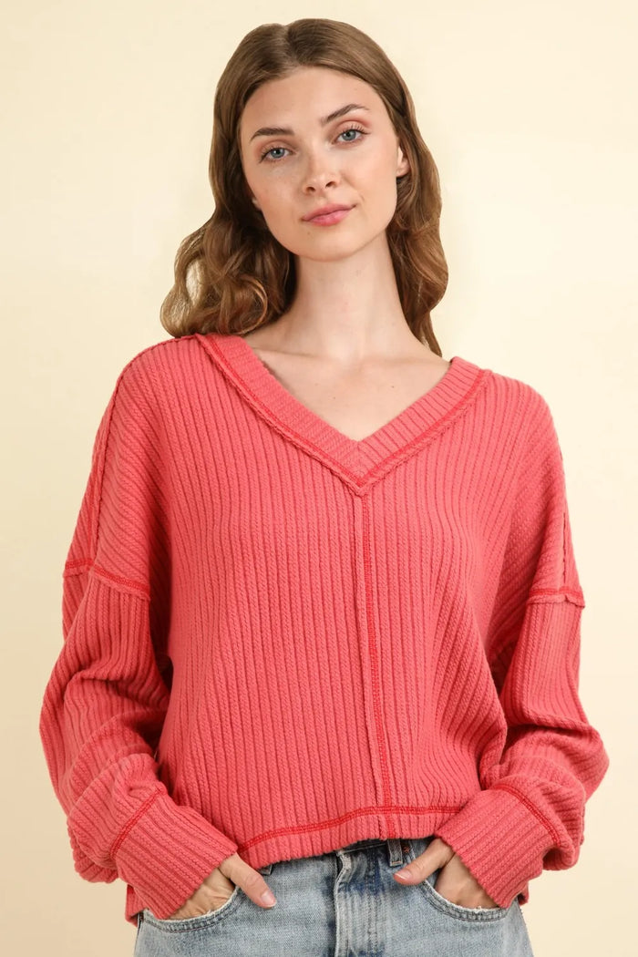 VERY J Exposed Seam V-Neck Ribbed Knit Top - Brittney MADE