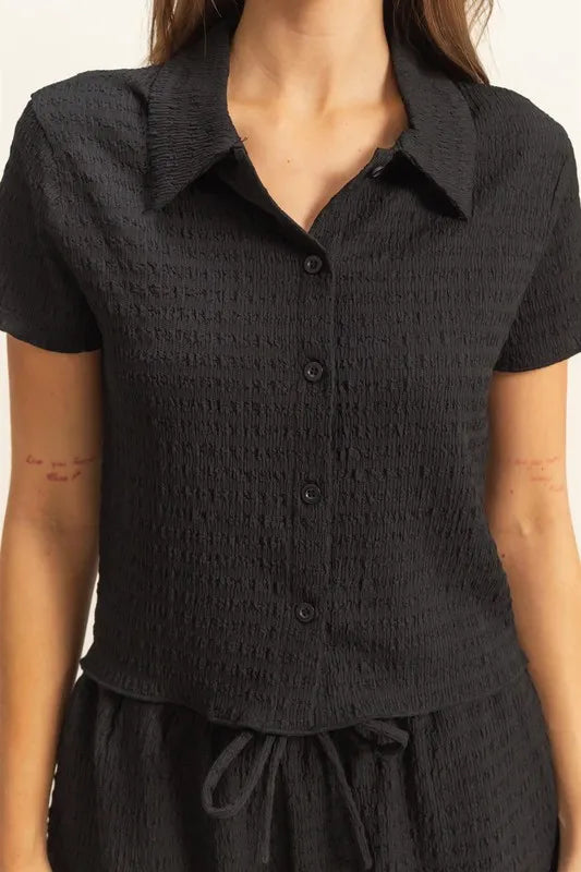 HYFVE Textured Short Sleeve Top and Drawstring Shorts Knit Set - Brittney MADE