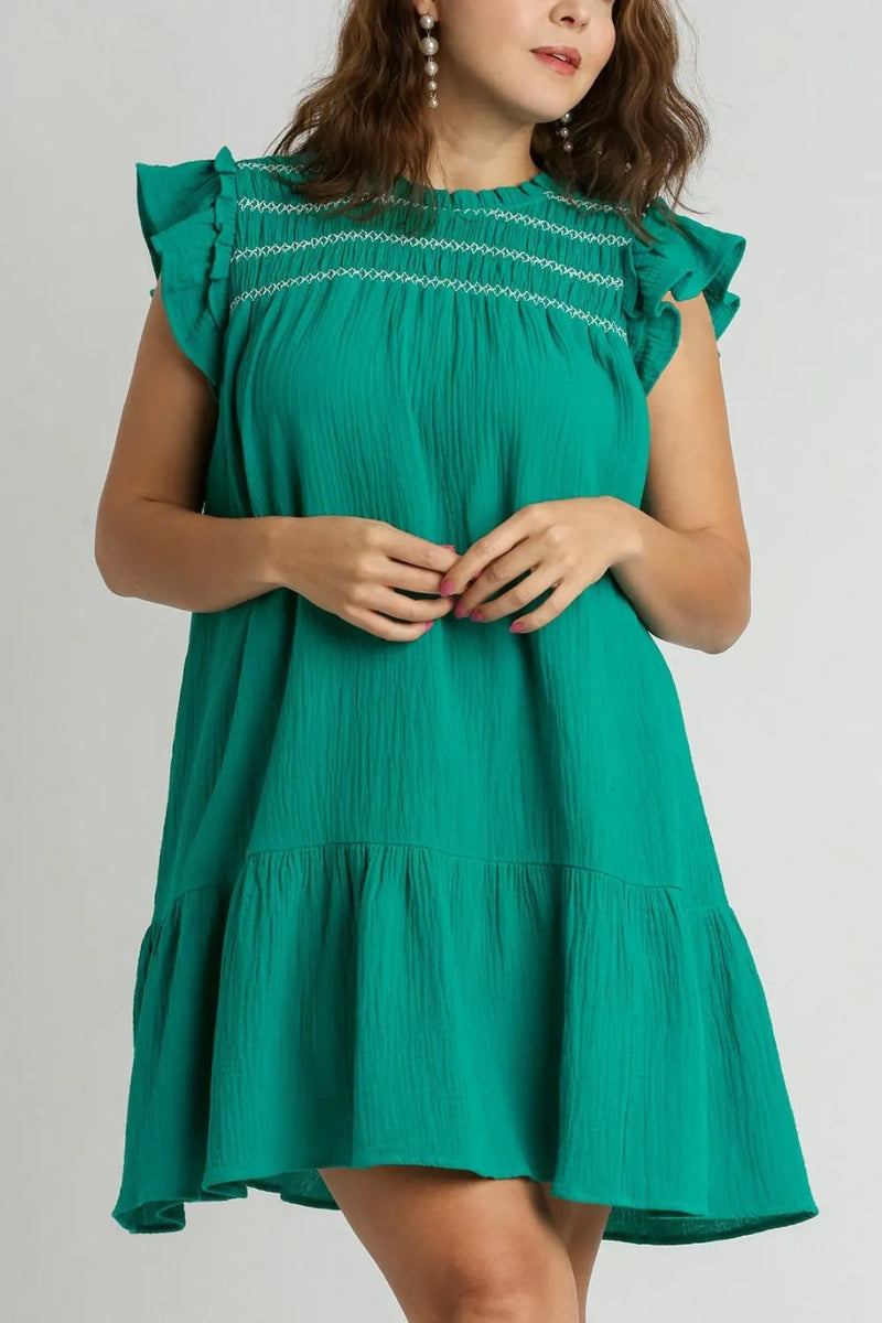 Umgee Full Size Smocked Contrast Stitching Ruffle Cap Sleeve Round Neck Dress Plus Size - Brittney MADE