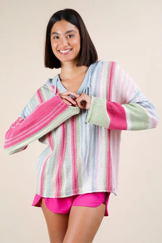 VERY J Multi Color Stripe Long Sleeve Knit Hoodie - Brittney MADE