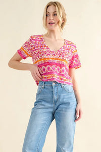 And The Why Printed V Neck Cropped T-Shirt - Brittney MADE