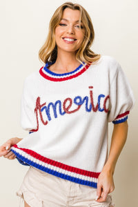 BiBi Metallic America Letter Short Sleeve Sweater - Brittney MADE