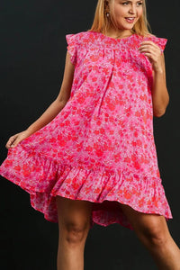 Umgee Full Size Smocked Detail Floral Metallic Ruffle Cap Sleeve Dress Plus Size - Brittney MADE