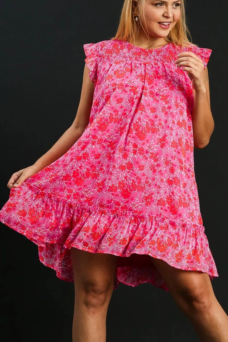 Umgee Full Size Smocked Detail Floral Metallic Ruffle Cap Sleeve Dress Plus Size - Brittney MADE
