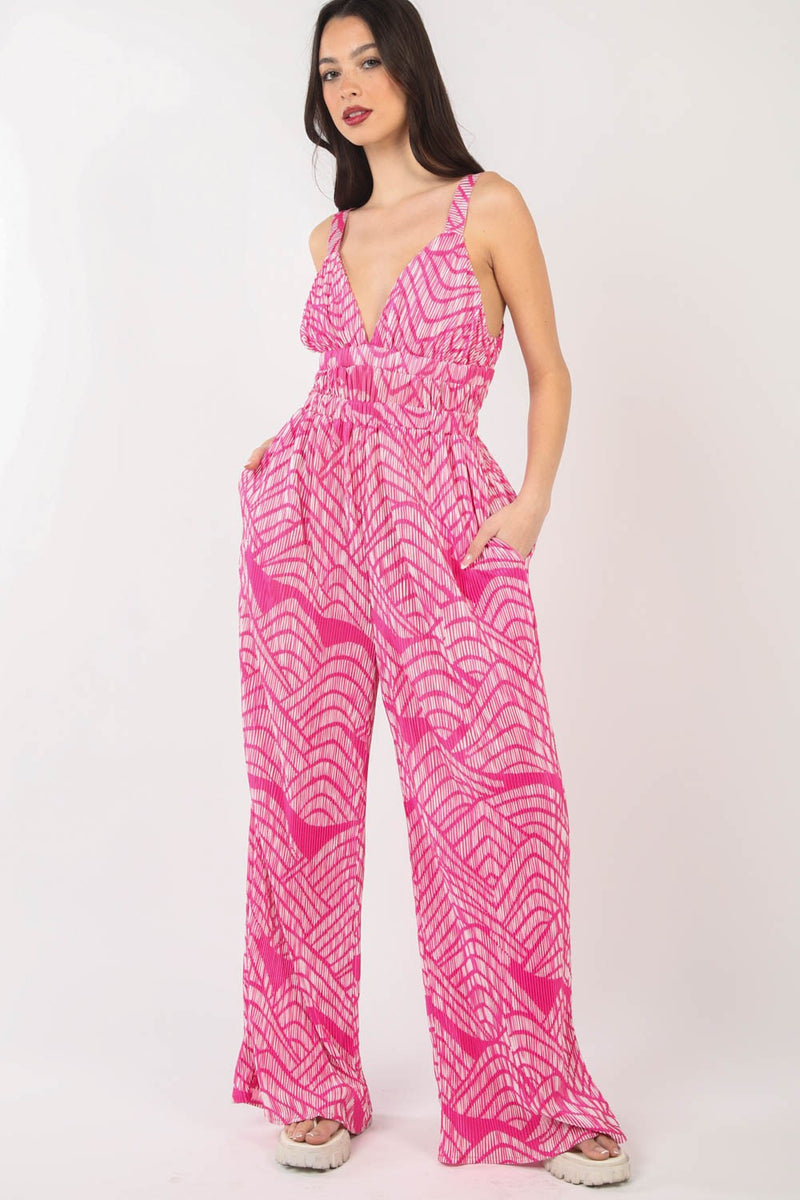 VERY J Printed Pleated Sleeveless Wide Leg Jumpsuit - Brittney MADE
