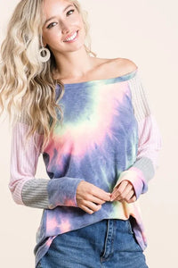 BiBi Tie Dye Terry Top With Color Block Pointelle Knit - Brittney MADE