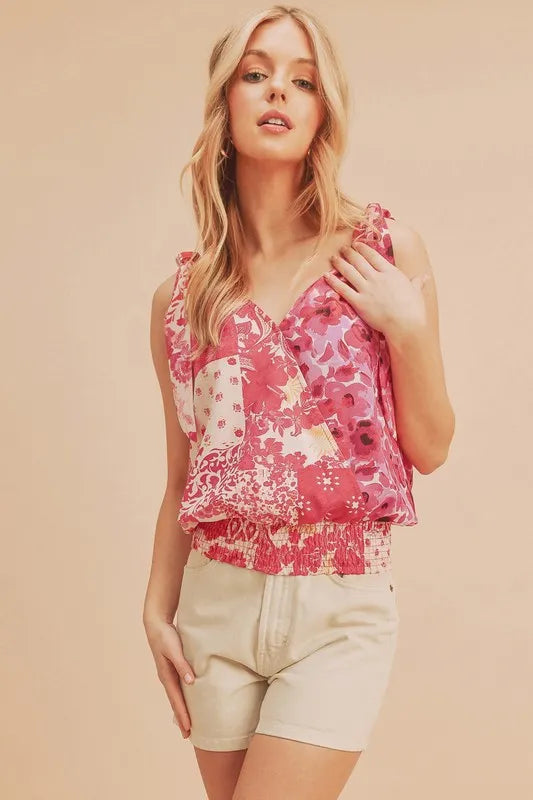 Aemi + Co Smocked Hem Printed Surplice Tank - Brittney MADE