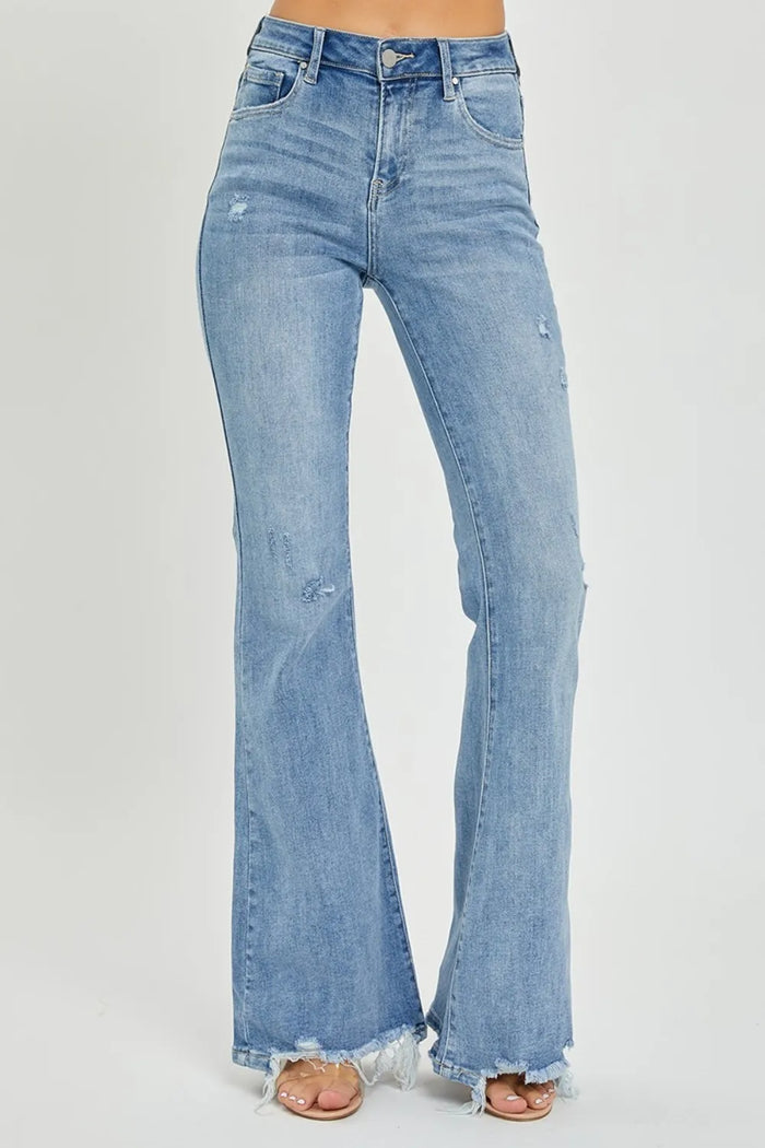 Risen Full Size High Rise Frayed Hem Flare Jeans - Brittney MADE