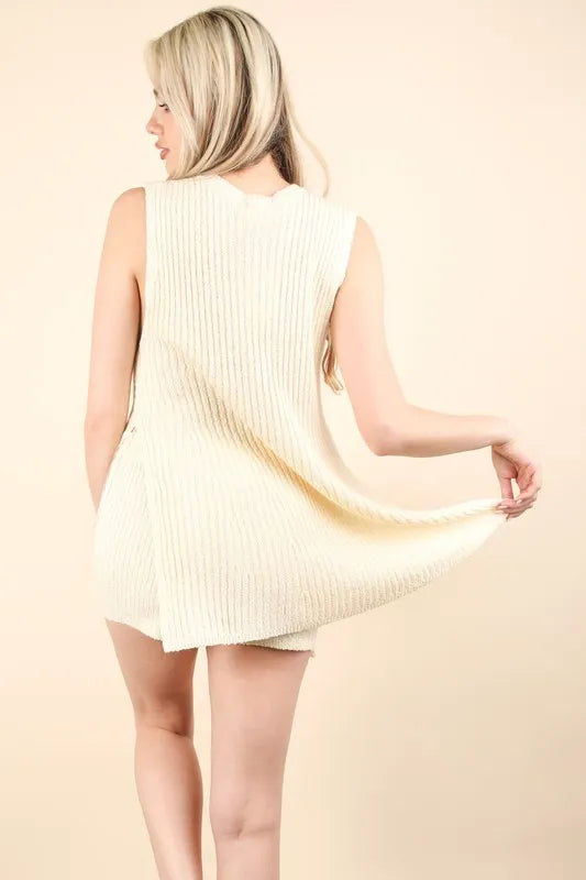 VERY J Slit Round Neck Top and Shorts Sweater Set - Brittney MADE