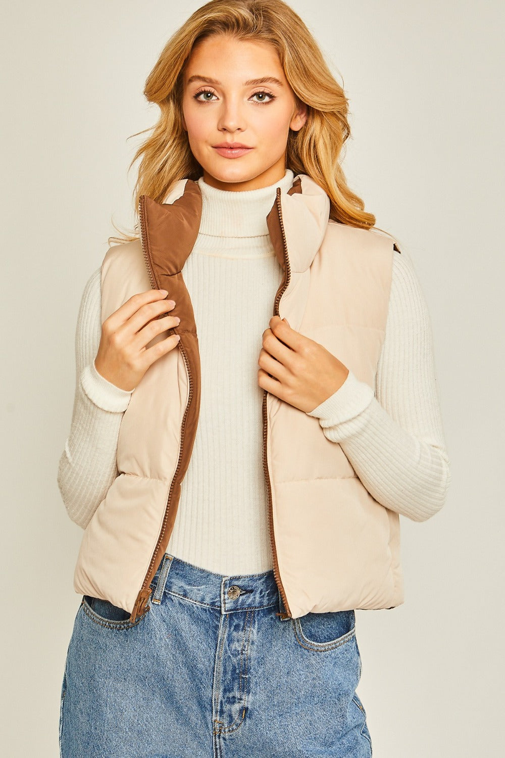 Love Tree Zip Up Cropped Contrast Reversible Vest - Brittney MADE