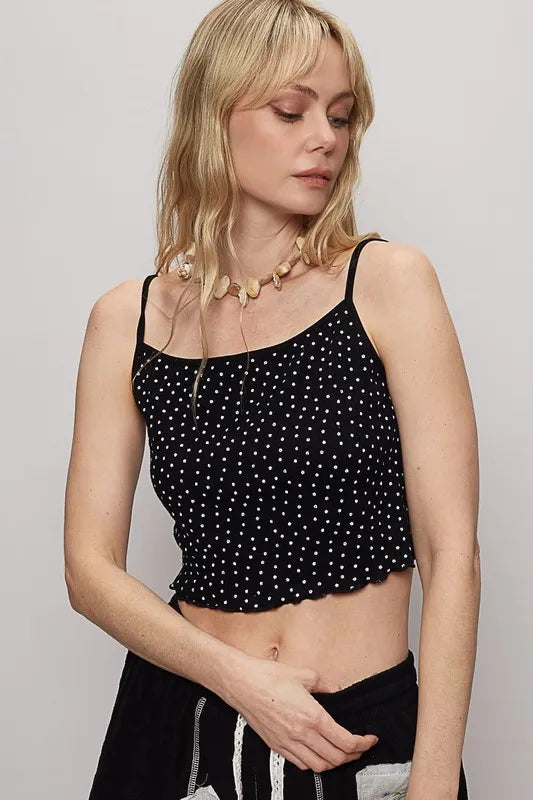 POL Polka Dot Adjustable Strap Cropped Knit Cami - Brittney MADE