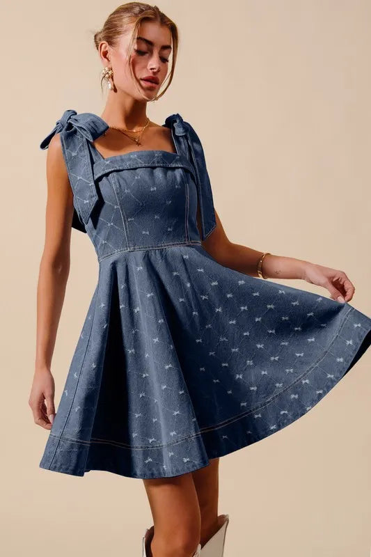 SO ME A Line Fit and Flare Diamond Bow Ribbon Denim Dres - Brittney MADE