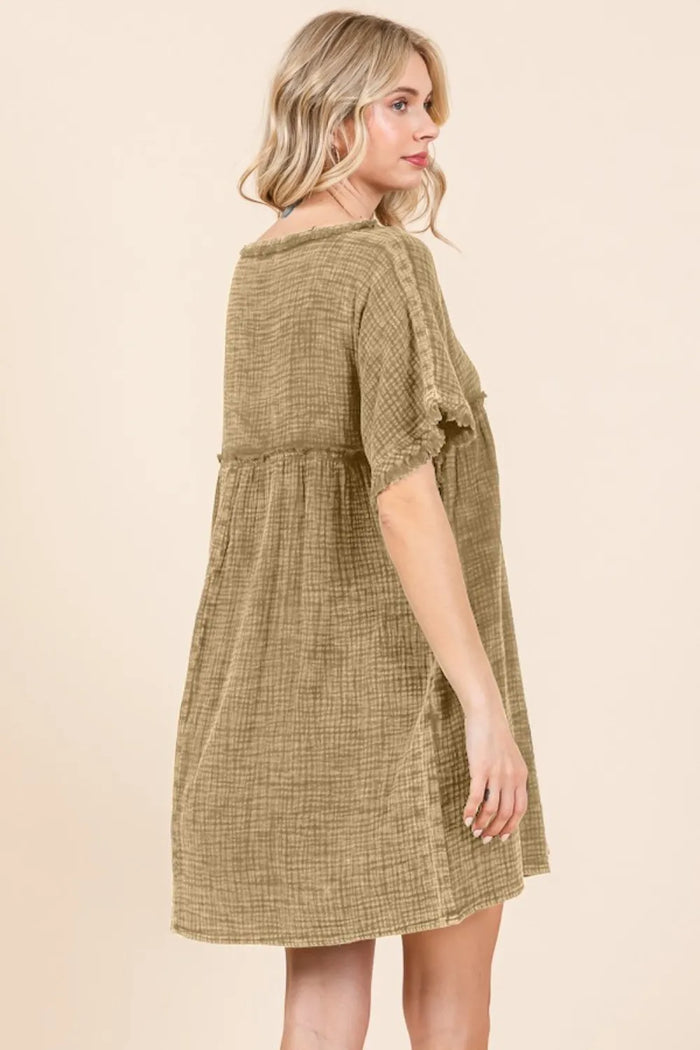 Culture Code Full Size Short Sleeve Babydoll Texture Dress with Pockets - Brittney MADE