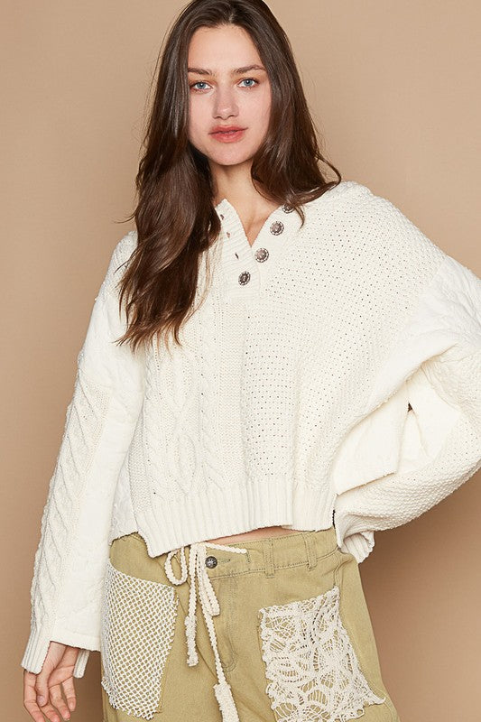 POL Cable-Knit Quarter Button Hooded Sweater - Brittney MADE