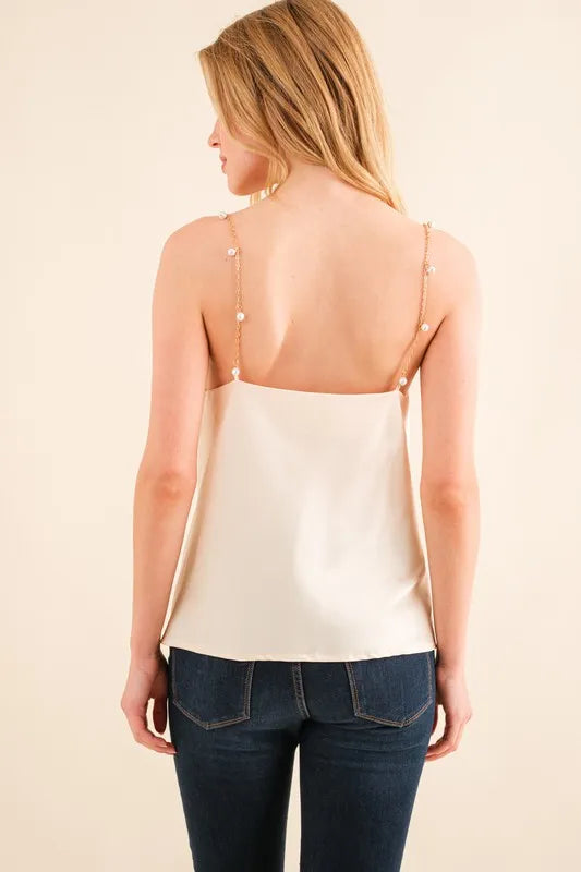 And The Why Faux Pearl Gold Chain Satin Casual Cami Top - Brittney MADE