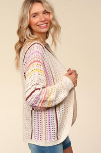 Haptics Full Size Striped Crochet Open Front Cardigan - Brittney MADE