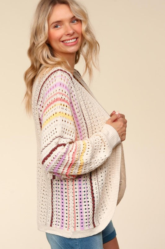 Haptics Full Size Striped Crochet Open Front Cardigan - Brittney MADE