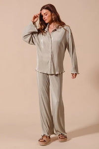SO ME Pleated Shirt and Pants Set with Wavy Edge Details - Brittney MADE