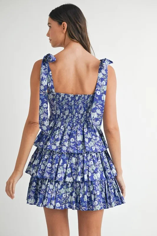 MABLE Floral Print Shoulder Tie Layered Mini Dress - Brittney MADE