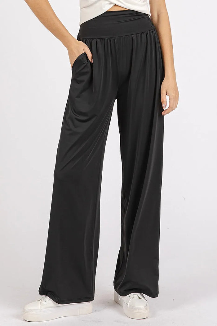 Mittoshop Stretch Banded Waist Wide Leg Pants with Pockets - Brittney MADE