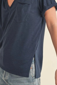 Aemi + Co Side Slit V-Neck Short Rolled Sleeve T-Shirt - Brittney MADE