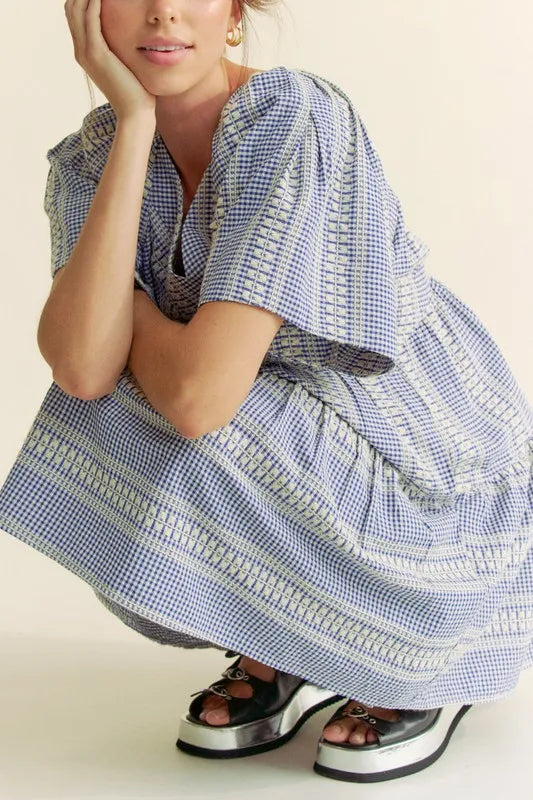 Davi & Dani Embroidered Stripe Ruffled Gingham Mini Dress - Brittney MADE