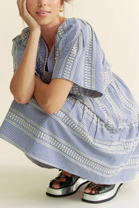 Davi & Dani Embroidered Stripe Ruffled Gingham Mini Dress - Brittney MADE