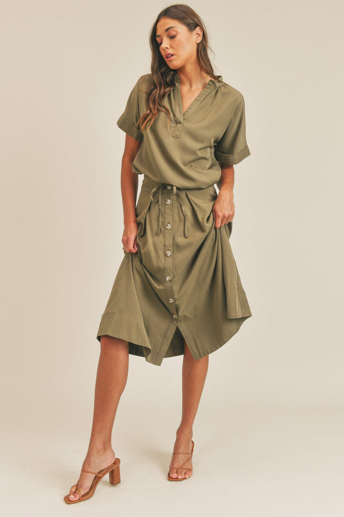 MABLE Short Sleeve Top and Button Down Midi Skirt Set - Brittney MADE