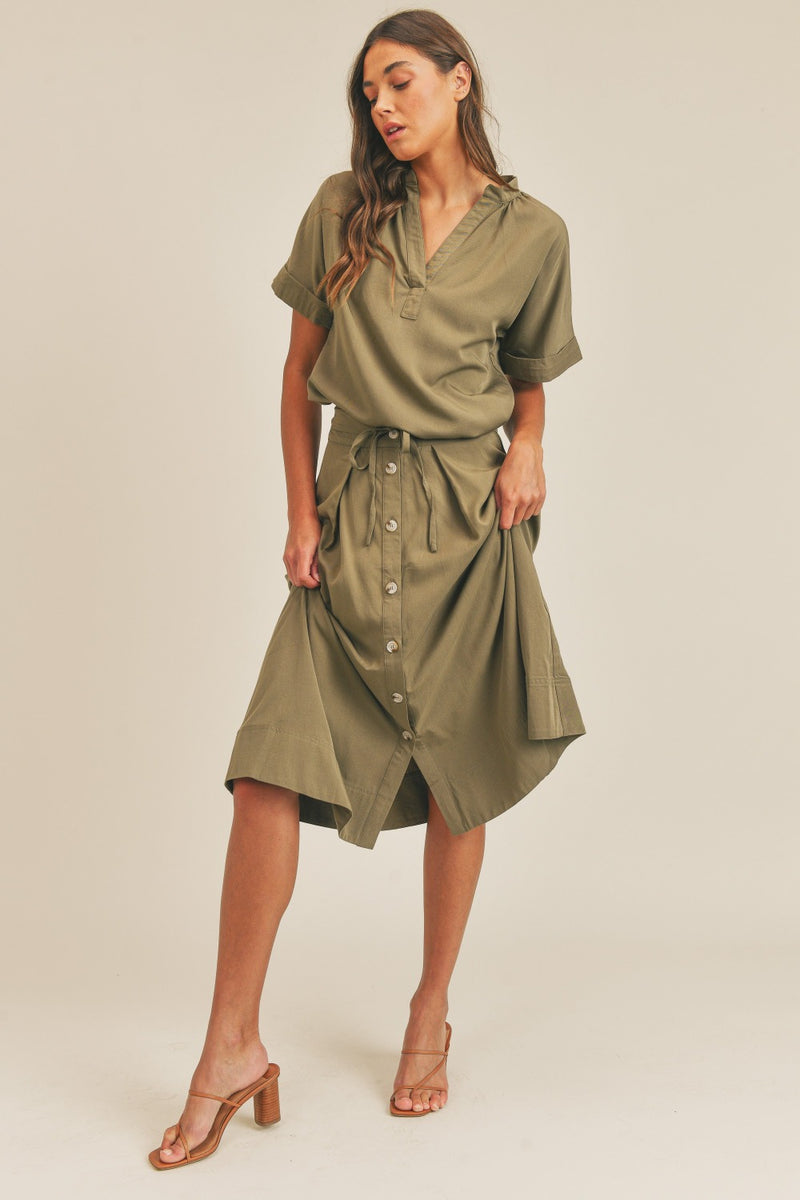 MABLE Short Sleeve Top and Button Down Midi Skirt Set - Brittney MADE