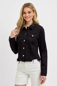 RISEN Full Size Irregular Fray Hem Button Up Denim Jacket Plus Size - Brittney MADE