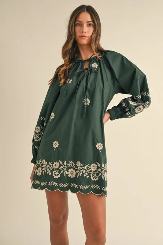MABLE Embroidered Long Sleeve Peasant Mini Dress - Brittney MADE