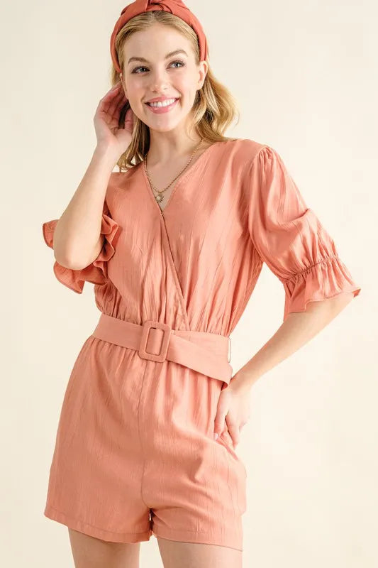 And The Why Flounce Sleeves Romper with Belt - Brittney MADE