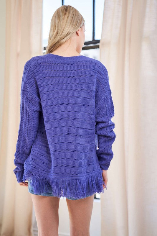 Davi & Dani Fringe V-Neck Button Up Long Sleeve Cardigan - Brittney MADE